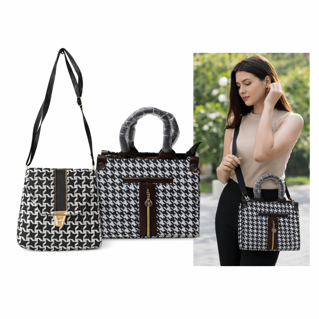 Houndstooth Crossbody and Handbag Set – Classic Black & White Pattern with Gold-Tone Hardware – Satchel for Women - Image 2