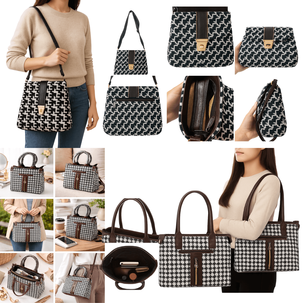 Houndstooth Crossbody and Handbag Set – Classic Black & White Pattern with Gold-Tone Hardware – Satchel for Women - Image 4