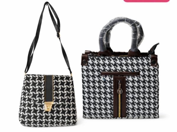 Houndstooth Crossbody and Handbag Set – Classic Black & White Pattern with Gold-Tone Hardware – Satchel for Women