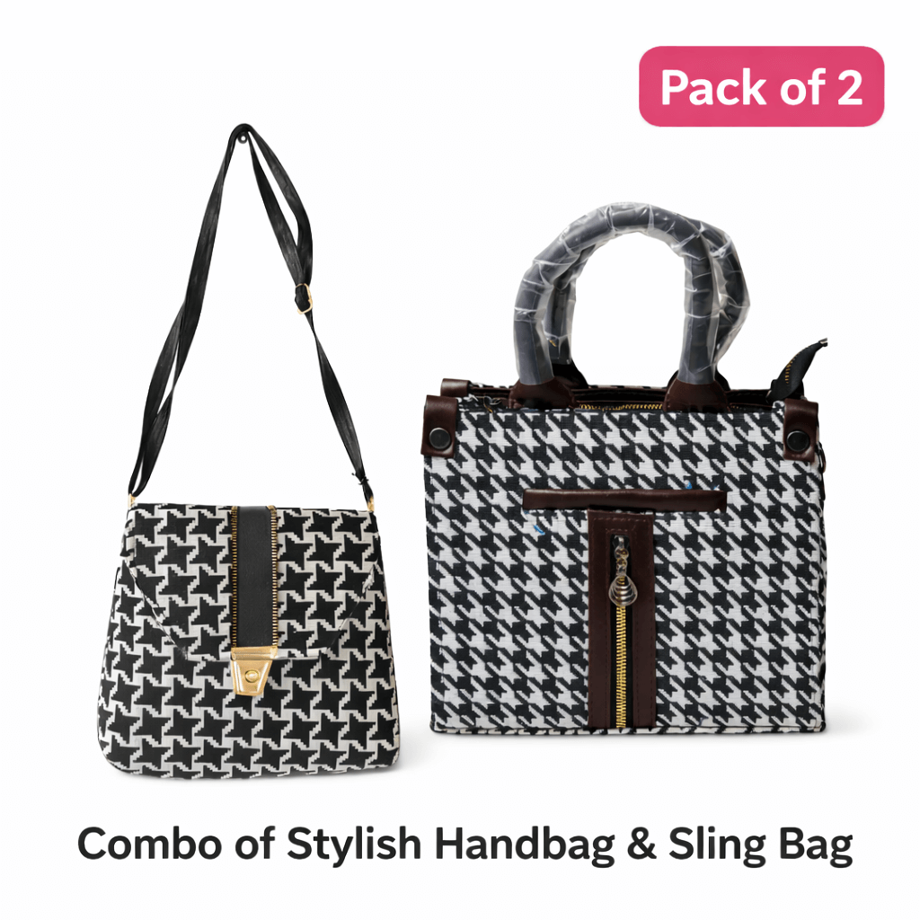 Houndstooth Crossbody and Handbag Set – Classic Black & White Pattern with Gold-Tone Hardware – Satchel for Women