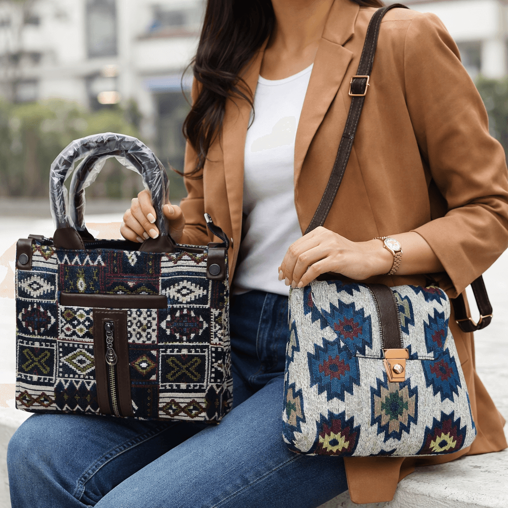 Houndstooth Crossbody and Handbag Set – Classic Black & White Pattern with Gold-Tone Hardware – Satchel for Women - Image 6